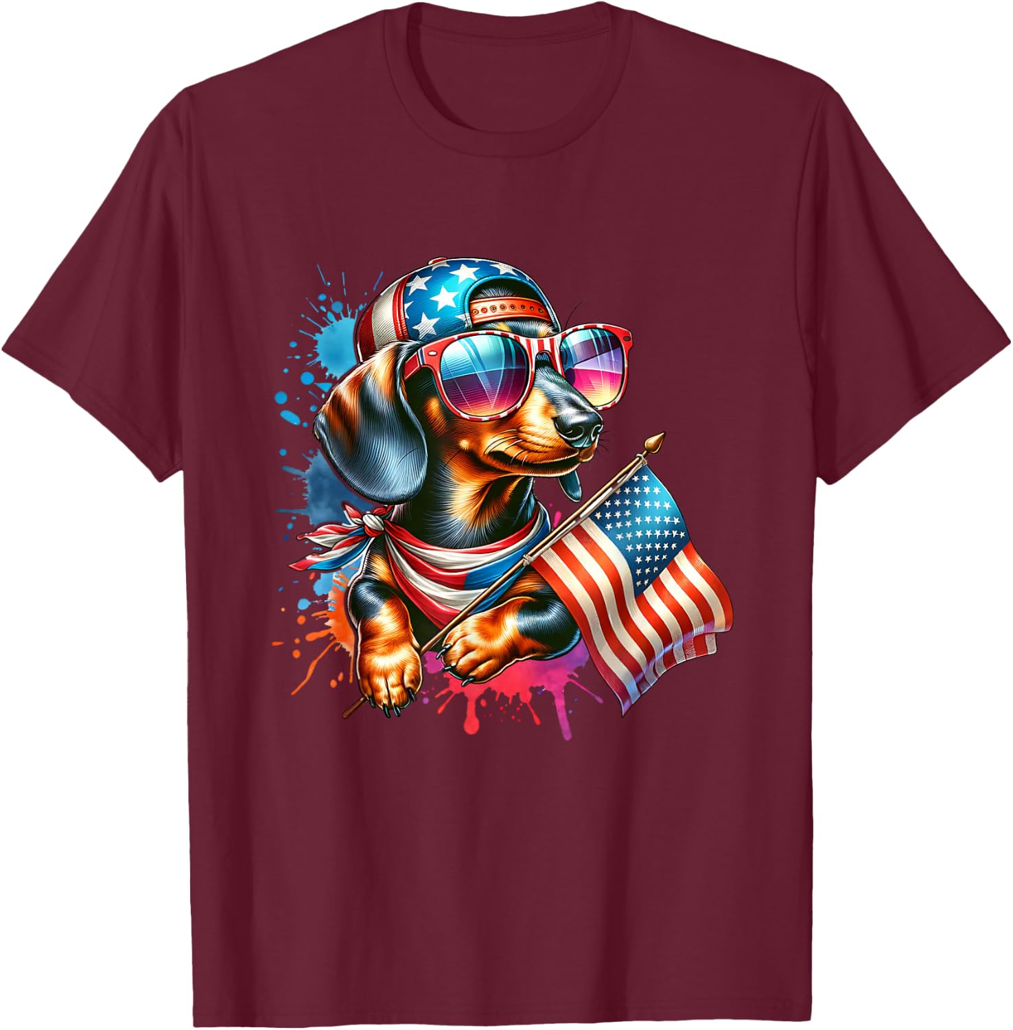 4th Of July Dachshund Dog Holding American Flag Dog Lover T-Shirt - T-Shirt | Maroon