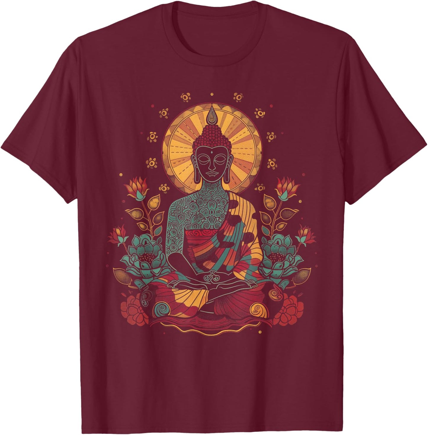 Buddha Floral Vintage Flower Yoga Buddhism Yogi Buddhist T-Shirt - T-Shirt | Maroon