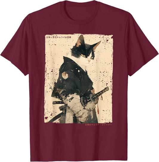 Samurai Cat Warrior Ukiyo Ink Artwork Cat Samurai T-Shirt - T-Shirt | Maroon