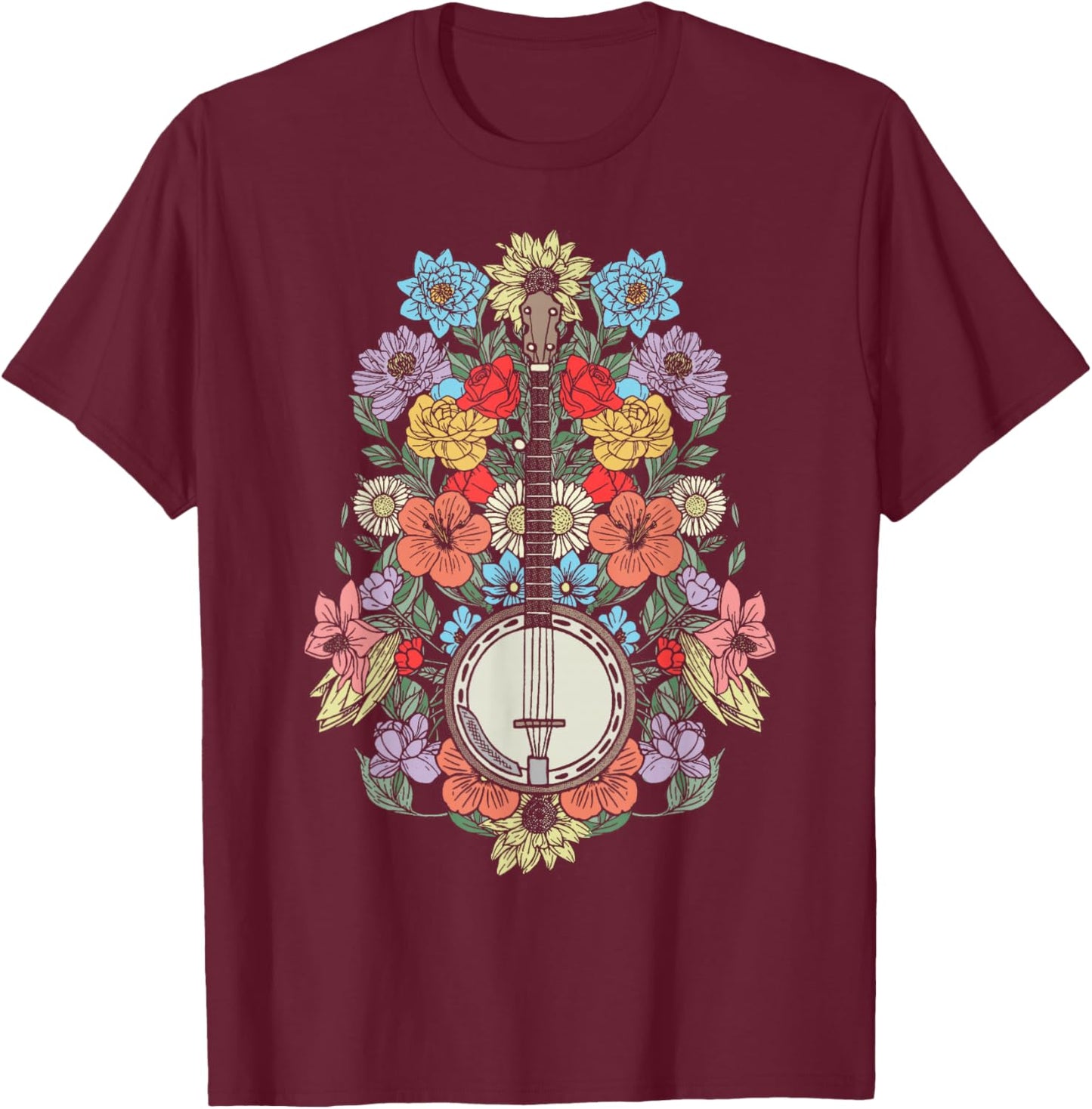 Banjo Flowers Vintage Stringed Bluegrass Folk Floral Pattern T-Shirt - T-Shirt | Maroon