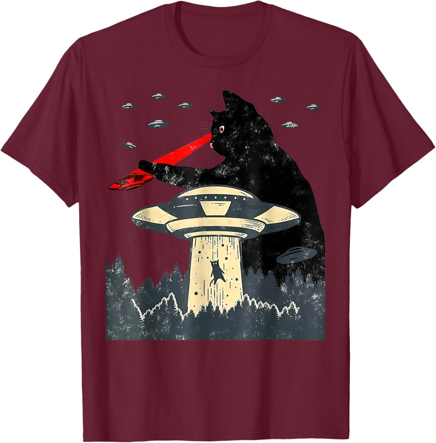 Cat UFO Black Cat, Funny Cat , Cat Graphic, Cat Laser Eye Women T-Shirt - T-Shirt | Maroon