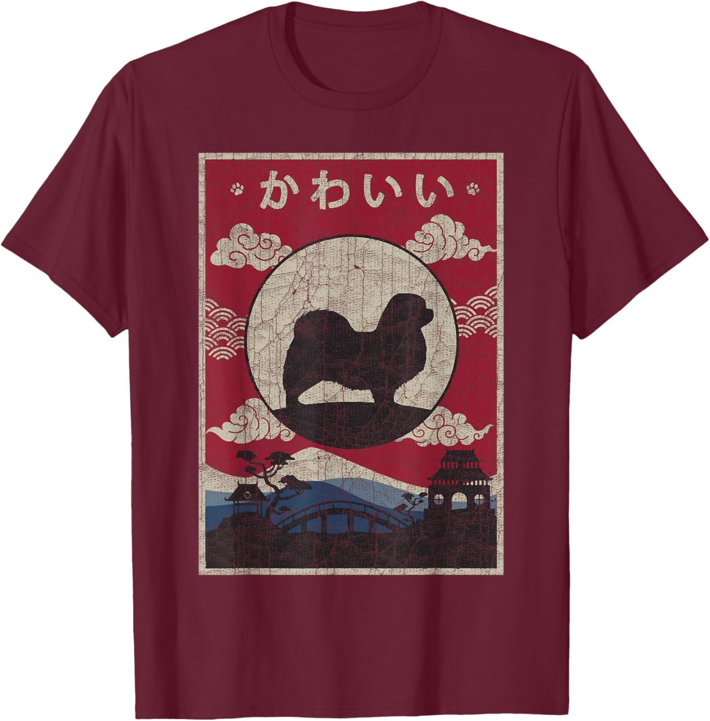 Tibetan Spaniel Japanese Design Kawaii Dog Mom Dad T-Shirt - T-Shirt | Maroon
