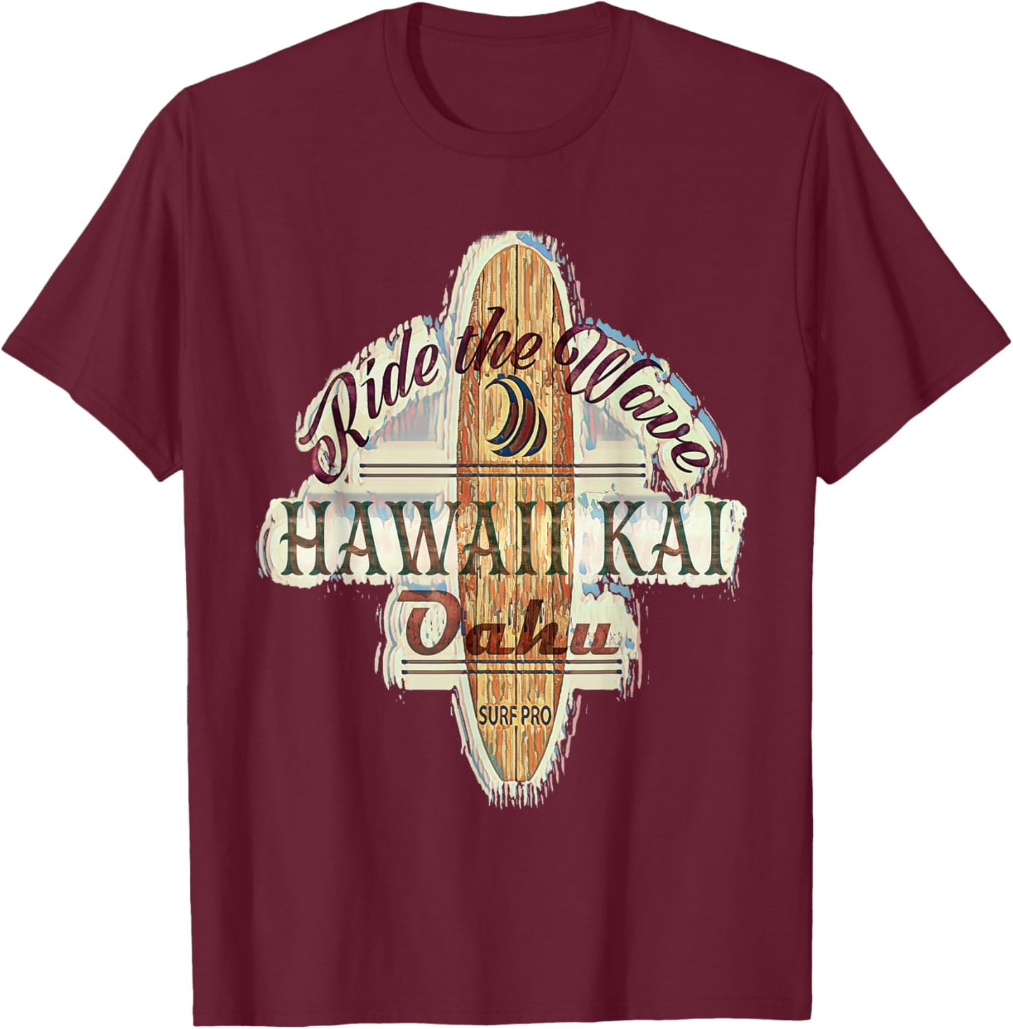 Surfing, Surfboard, Distressed Longboard Hawaii Kai Oahu T-Shirt - T-Shirt | Maroon
