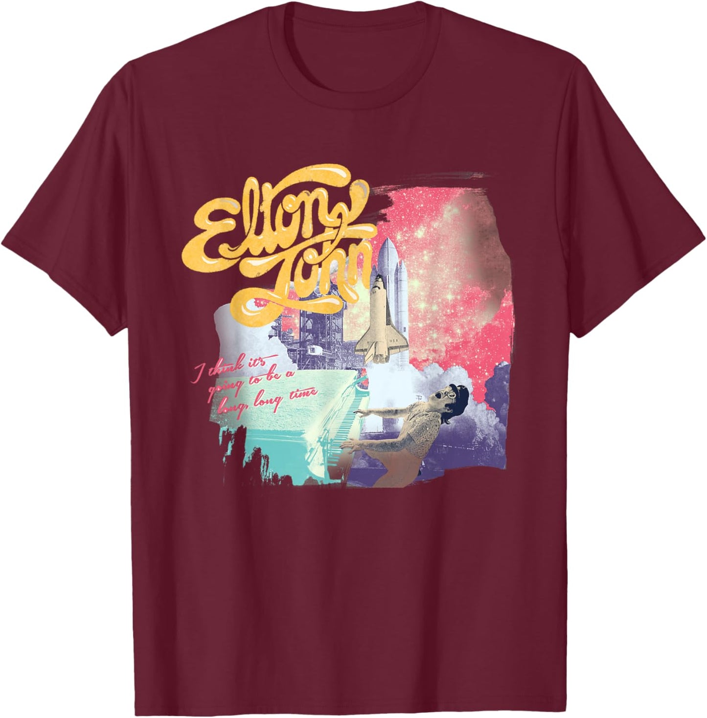 Official Elton John Colorful Long Time Black T-Shirt - T-Shirt | Maroon