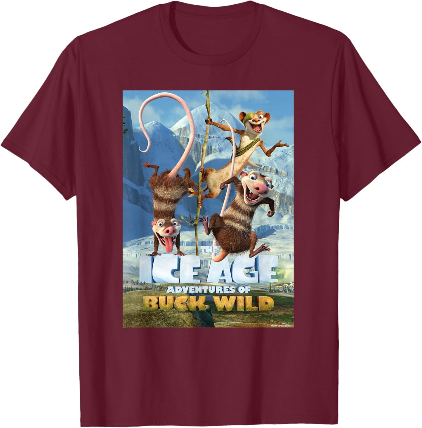 20th Century Fox Ice Age Adventures of Buck Wild -Adults and Youth , Black, Small T-Shirt - T-Shirt | Maroon