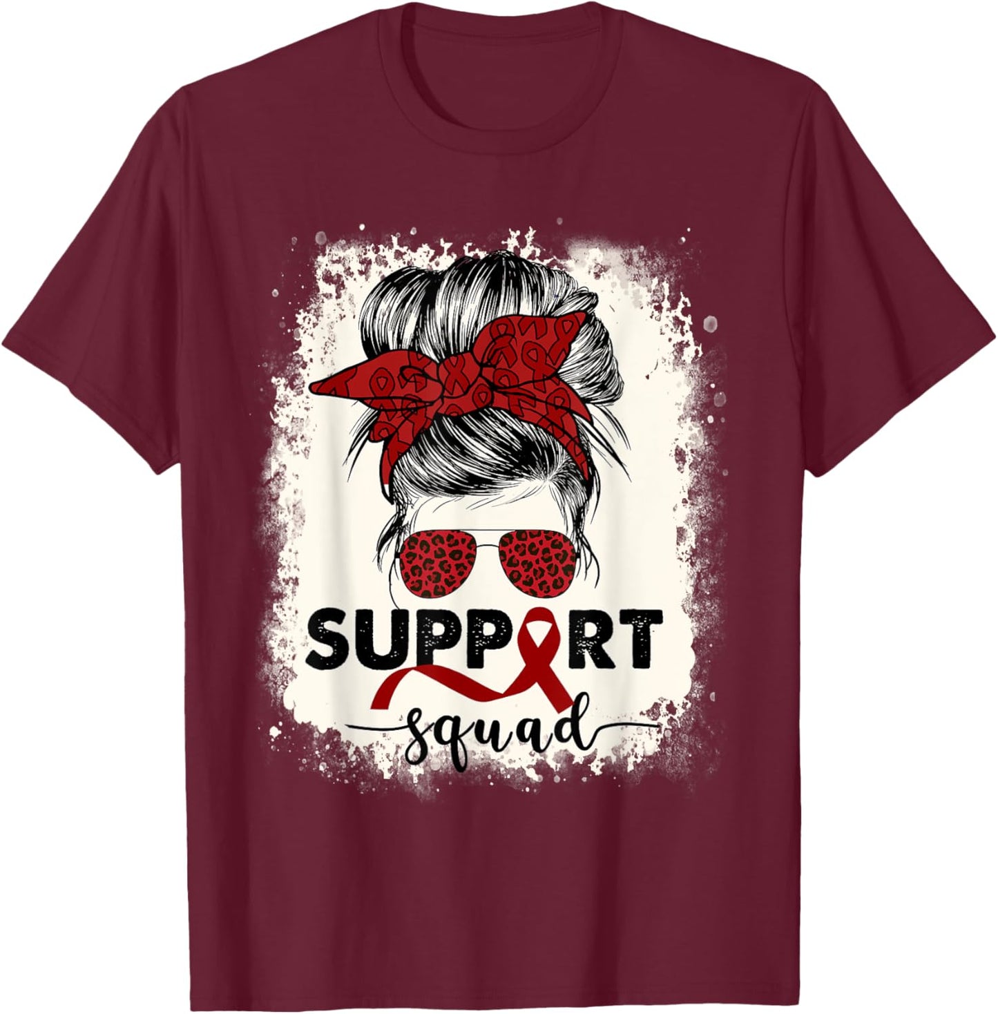 Multiple Myeloma Cancer Awareness Burgundy Ribbon Messy Bun T-Shirt - T-Shirt | Maroon