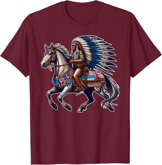 Native American Day Flag Indian Riding Horse 4th of July Kids Men T-Shirt - T-Shirt | Maroon