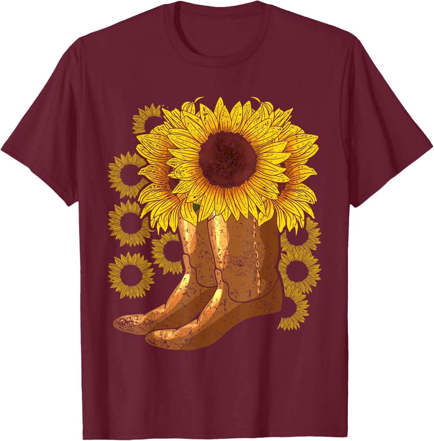 Yellow Flower Farmer Women Gift Cowboy Boots Sunflower T-Shirt - T-Shirt | Maroon