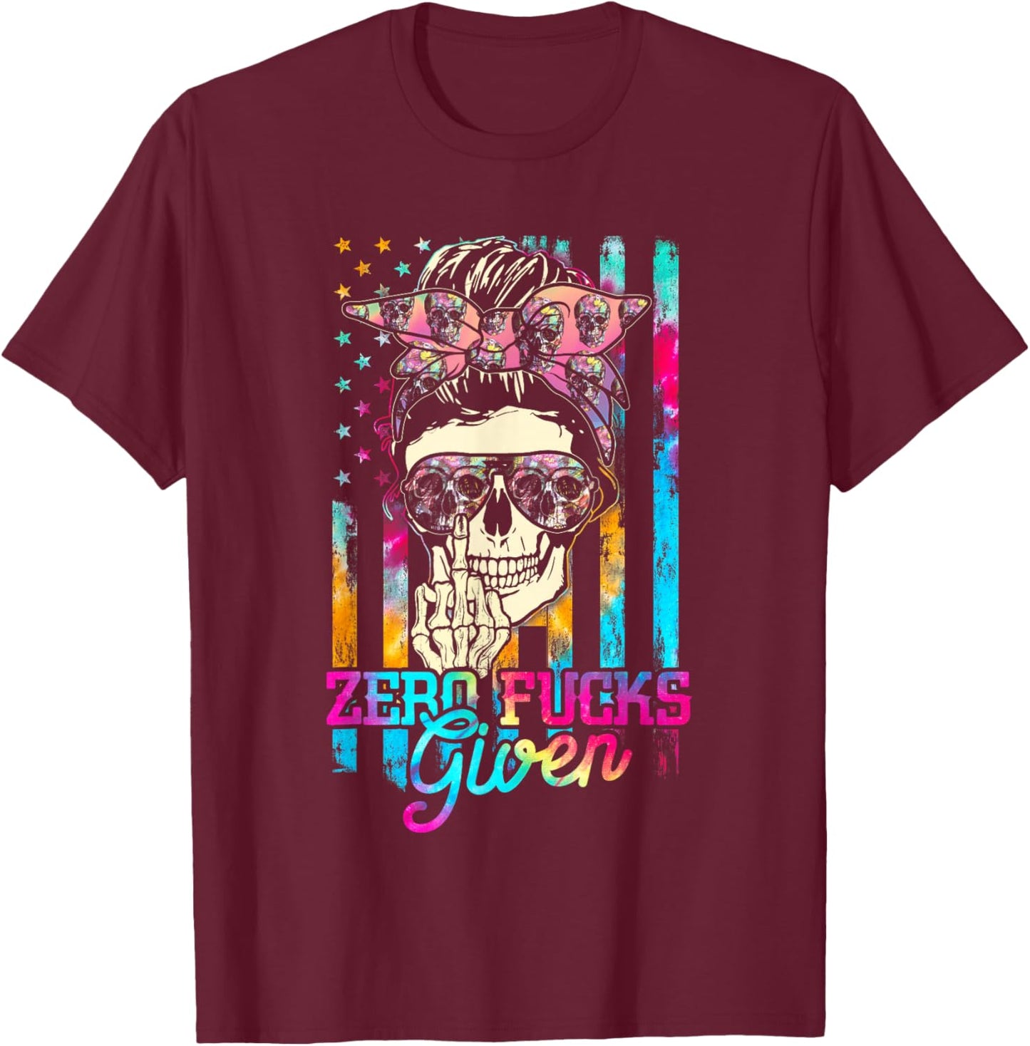 Skull Flag Skeleton Rainbow Messy Hair 0 Fucks Given T-Shirt - T-Shirt | Maroon