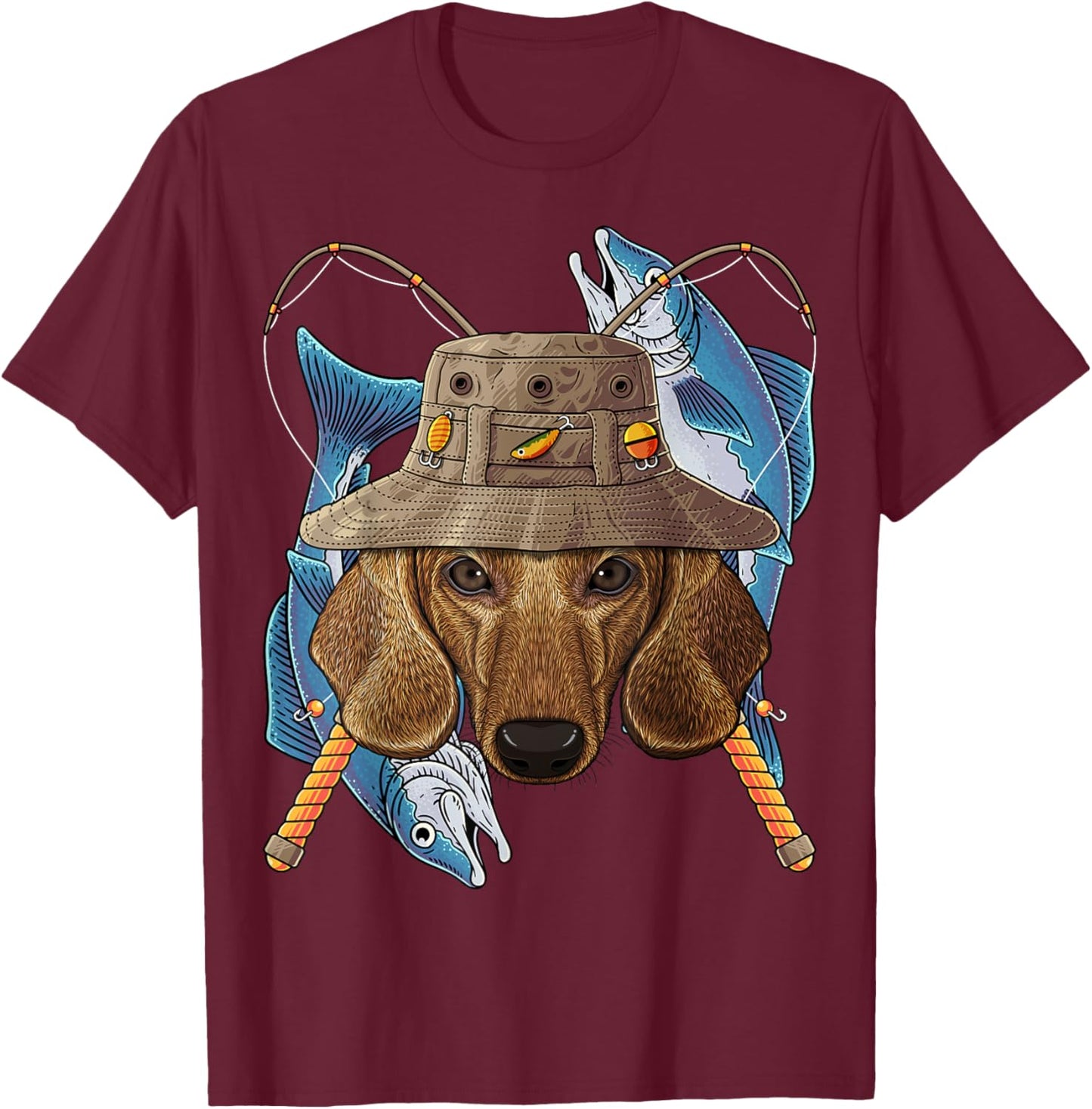 Fishing Dachshund Outdoor Fisherman Dog Cute Fly Fishing T-Shirt - T-Shirt | Maroon