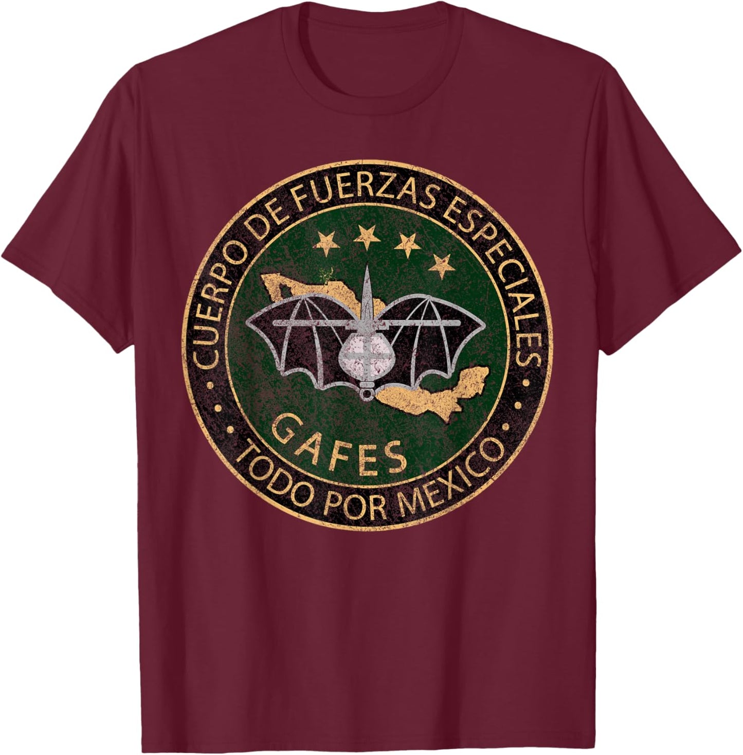 GAFES GAFE Mexican Special Force Fuerzas Mexican Patriot T-Shirt - T-Shirt | Maroon