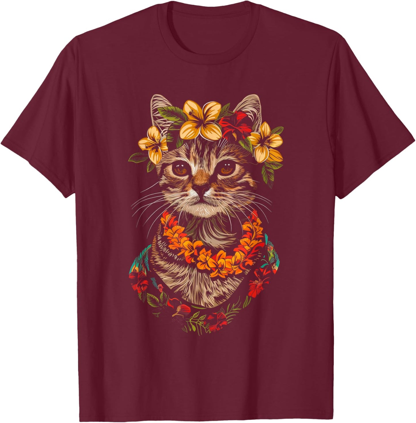 Cat Hawaiian Flowers Hula Hibiscus Funny Cute Hawaii T-Shirt - T-Shirt | Maroon