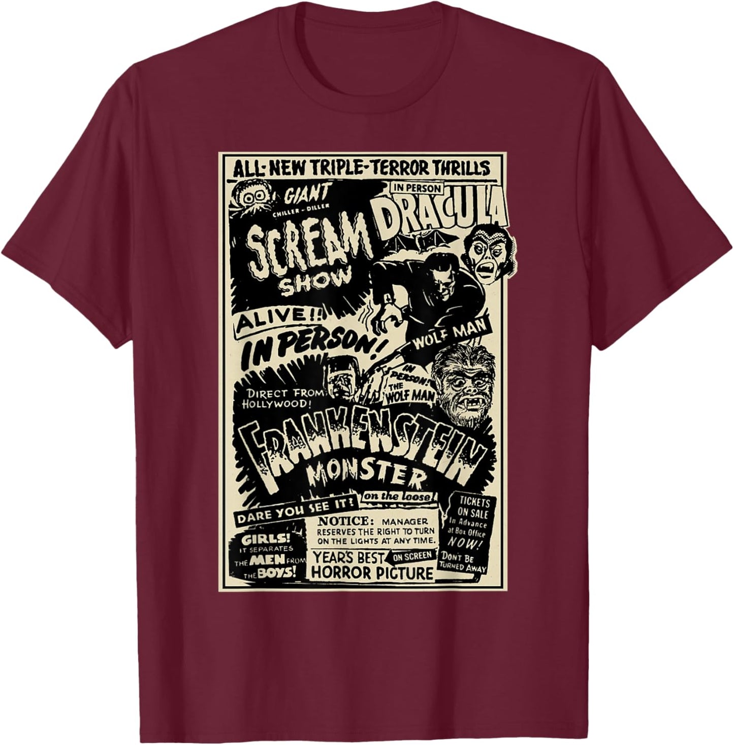 Horror Movie Monster Mummy Dracula Werewolf Frankenstein T-Shirt - T-Shirt | Maroon
