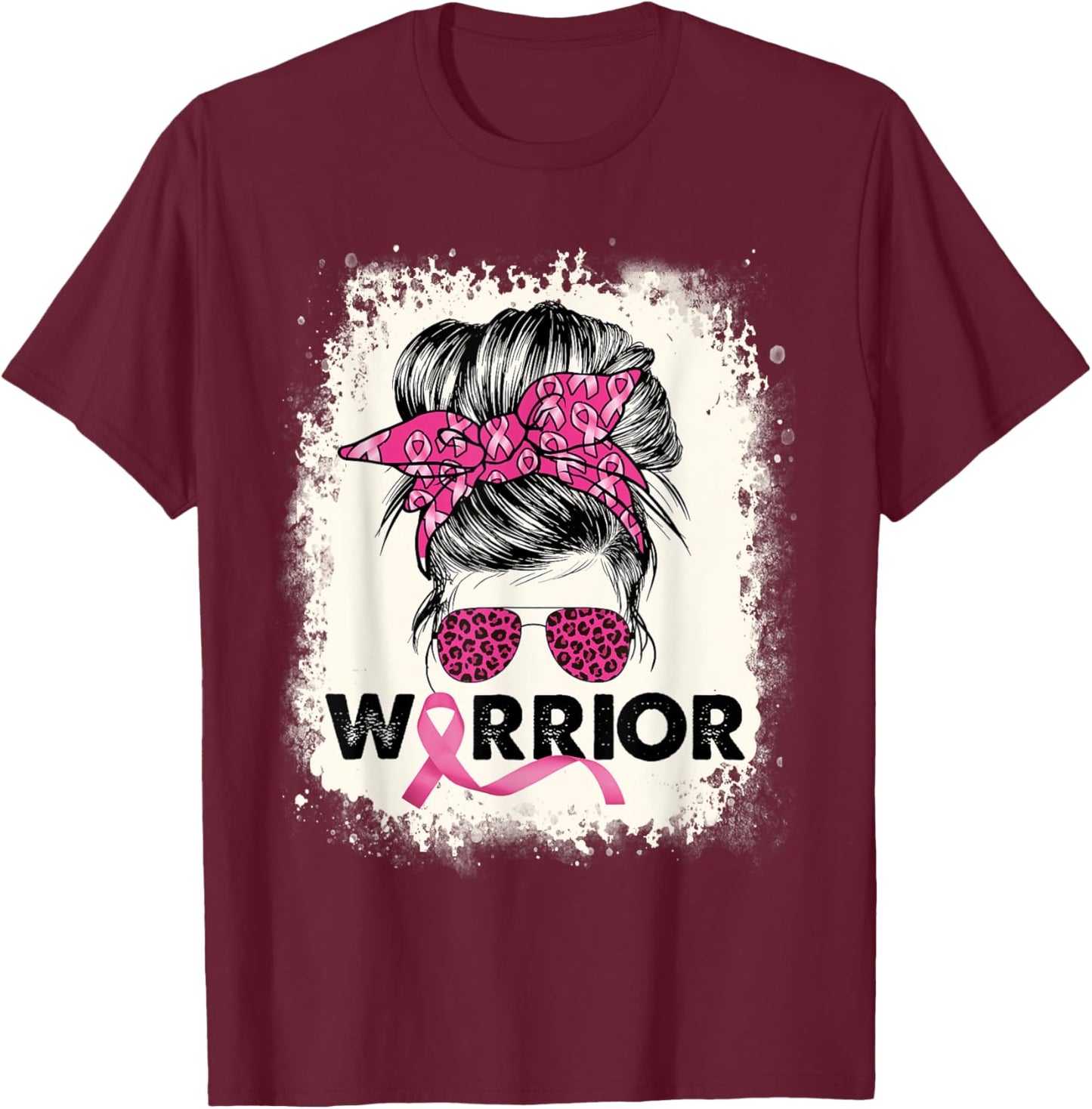 Warrior Breast Cancer Awareness Pink Ribbon Messy Bun T-Shirt - T-Shirt | Maroon