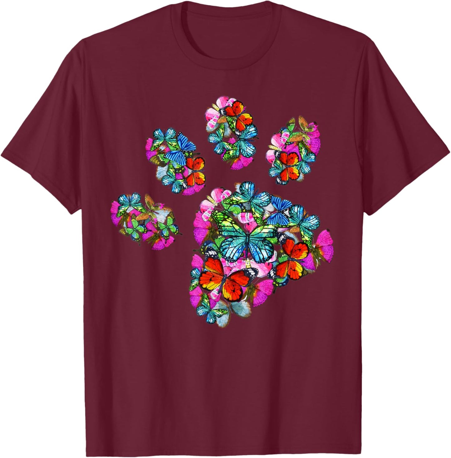 Paw Print of Colorful Butterfly - Cat or Dog Paw T-Shirt - T-Shirt | Maroon