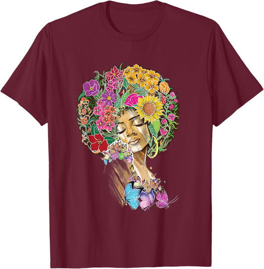 Afro Women Flowers Butterfly Latina African American Melanin T-Shirt - T-Shirt | Maroon