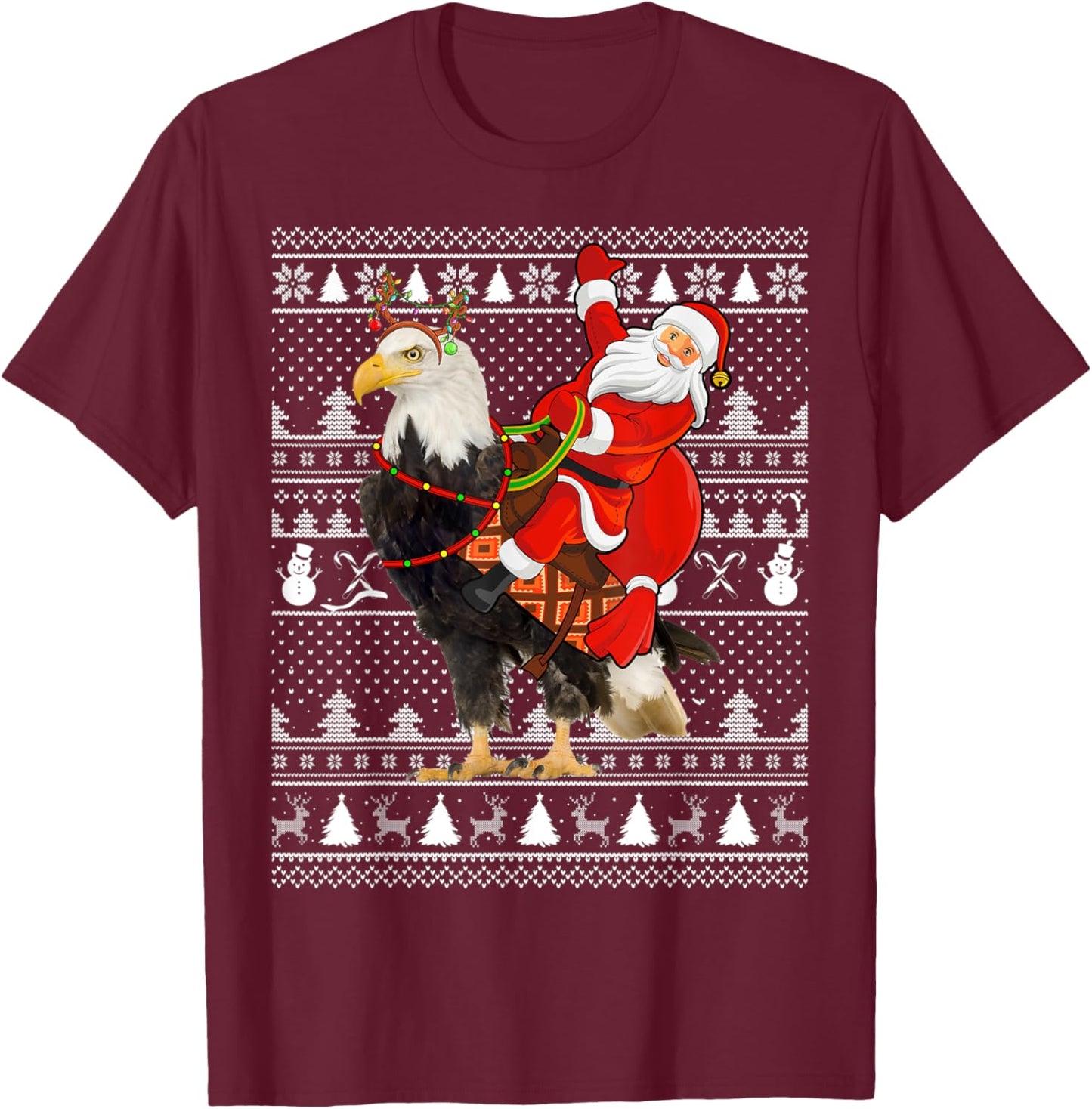 Bald Eagle Bird Lover Santa Riding Bald Eagle Ugly Christmas T-Shirt - T-Shirt | Maroon