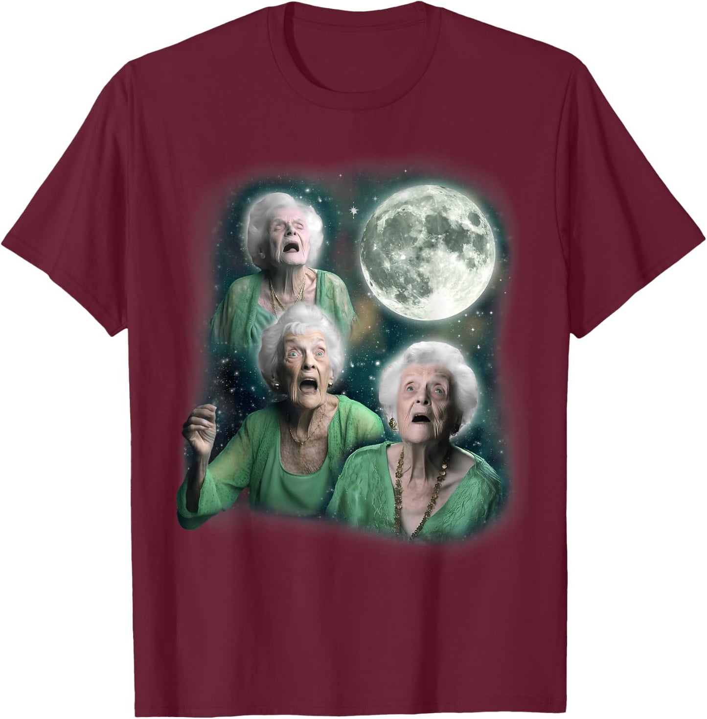 Three Granny Moon | 3 Old Ladys Howling Weird Cursed Meme T-Shirt - T-Shirt | Maroon