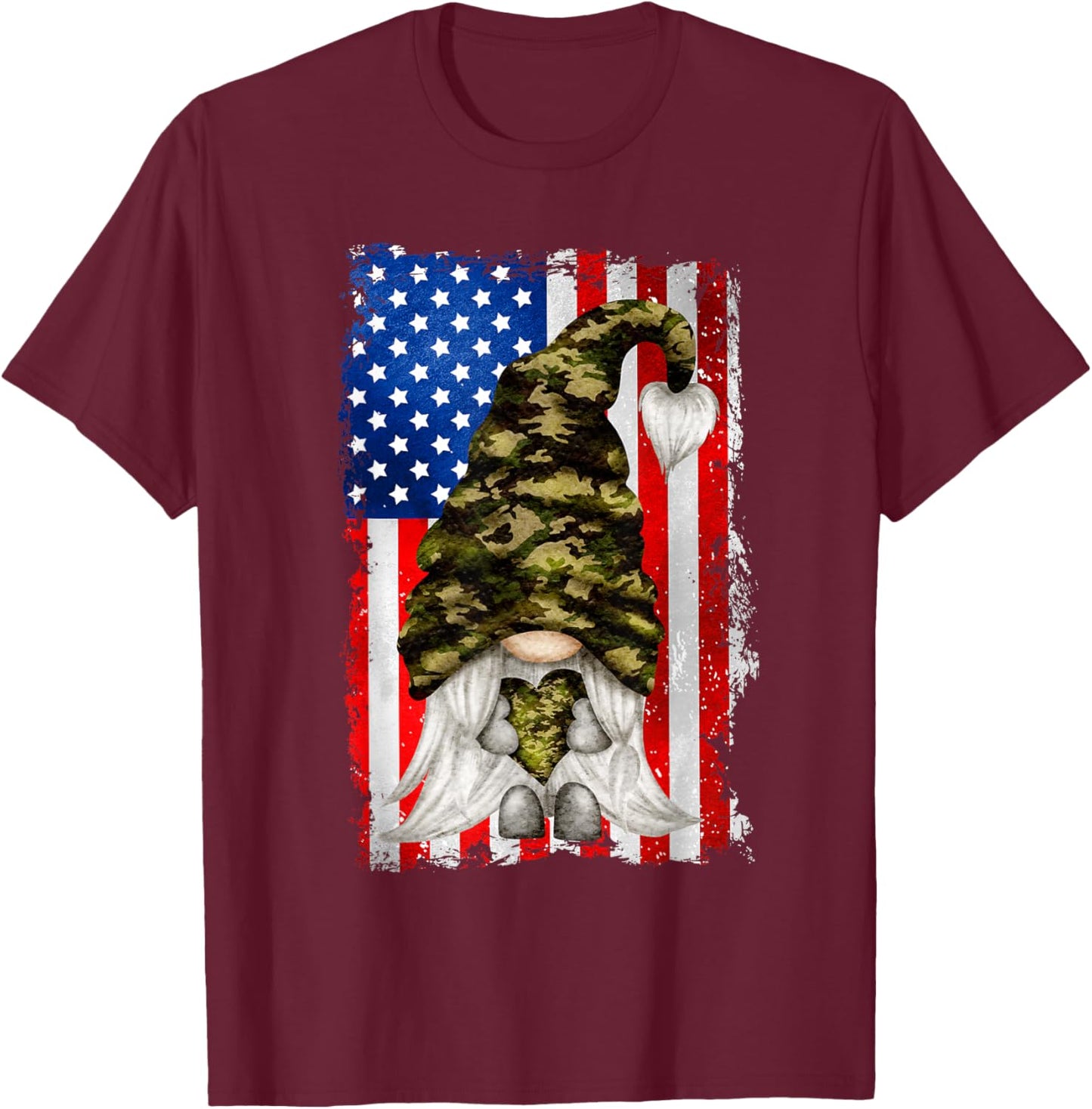 Patriotic Veteran Mom Heart And Love For America Camo Gnome T-Shirt - T-Shirt | Maroon