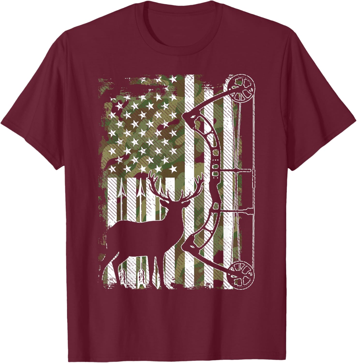 Bow Hunting Deer Hunter Camo American Flag Hunters T-Shirt - T-Shirt | Maroon