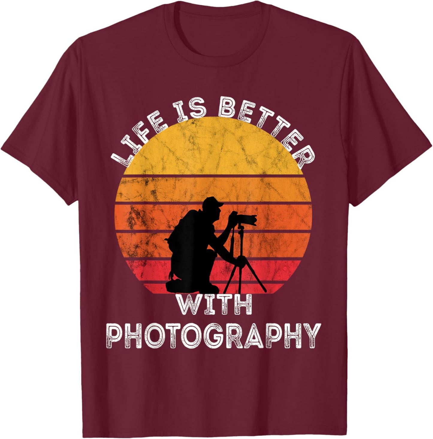 Photographer Camera Lover Retro Vintage Sunset Photography T-Shirt - T-Shirt | Maroon