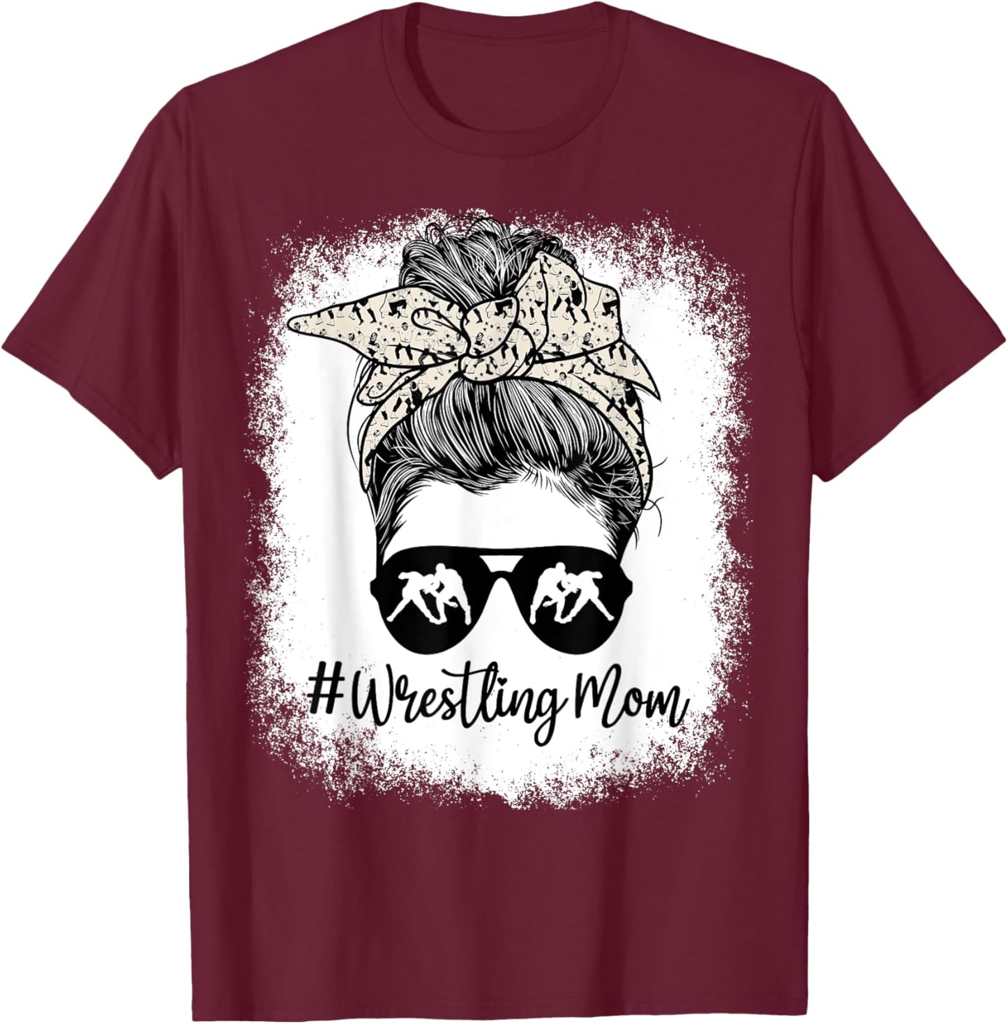 Bleached Life Wrestling Mom Leopard Messy bun Glasses T-Shirt - T-Shirt | Maroon