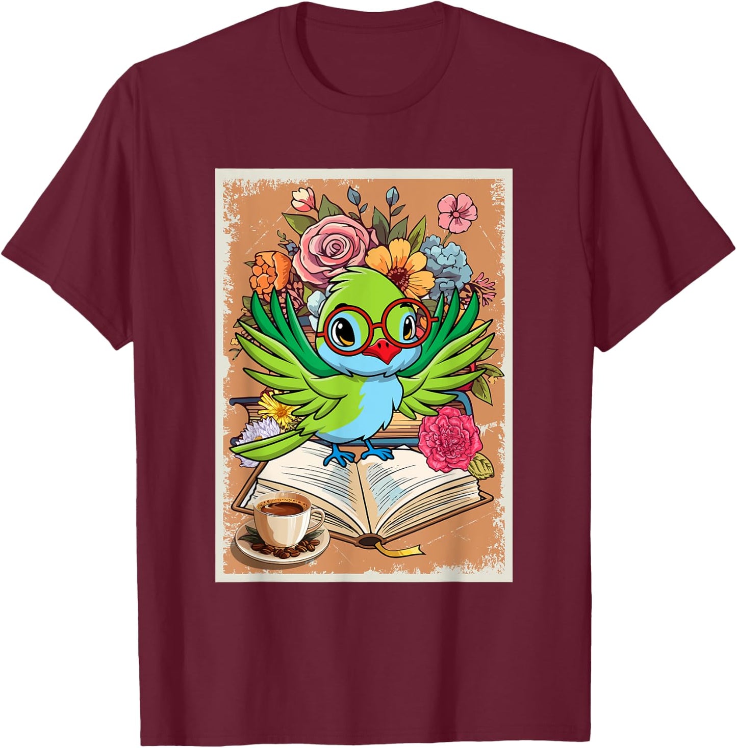 Vintage Hummingbird Reading Book Costume Flowers Bookworm T-Shirt - T-Shirt | Maroon