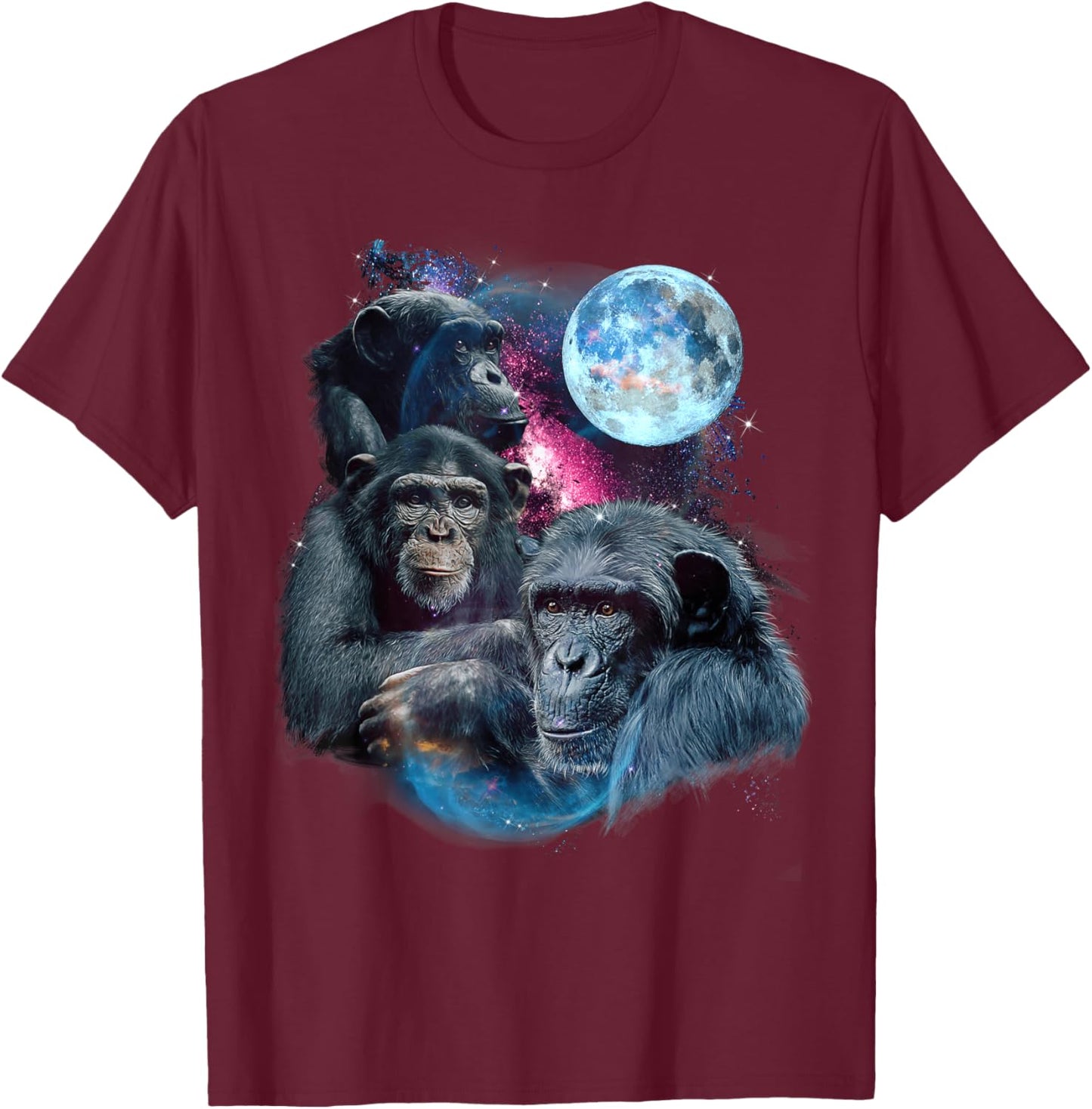 3 Moon Chimpanzee Art Monkey Chimp Ape Animal Lover Novelty T-Shirt - T-Shirt | Maroon