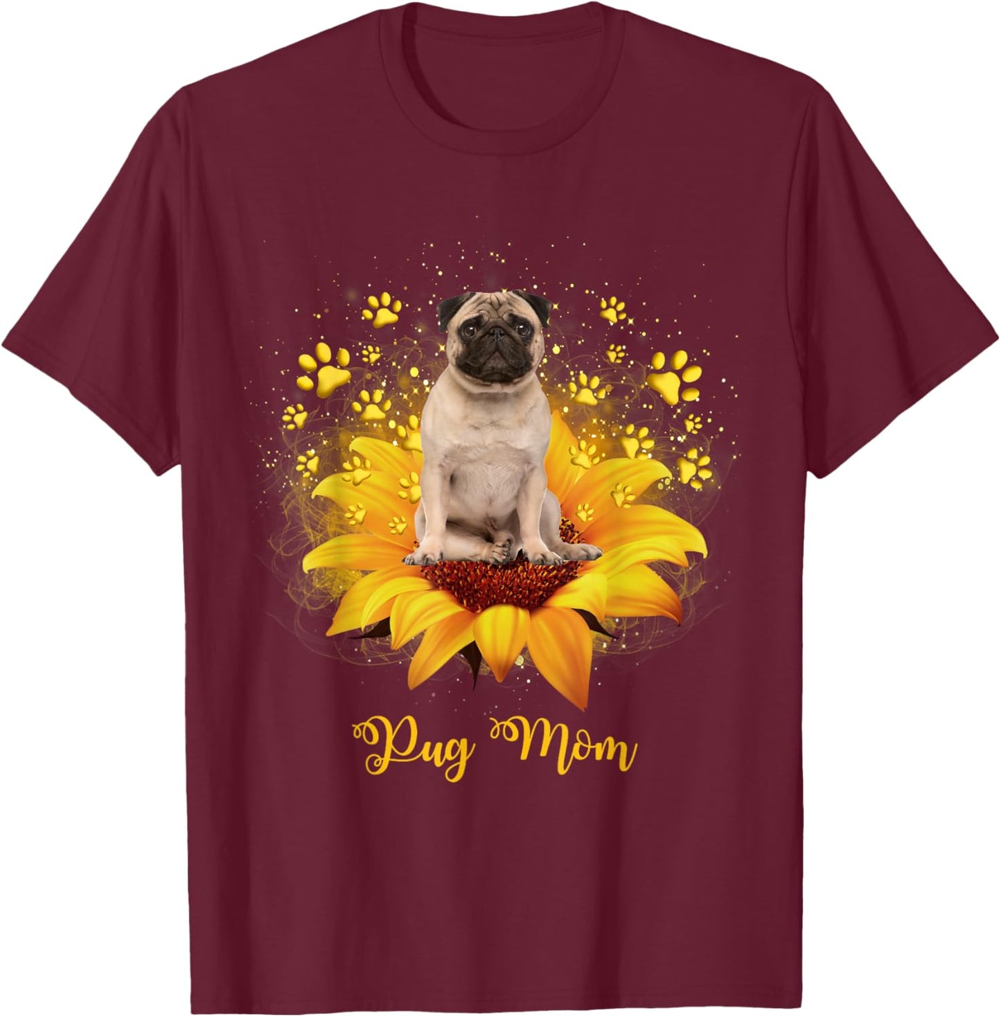 Pug Mom Sunflower With Dog Paw Mother's Day T-Shirt - T-Shirt | Maroon