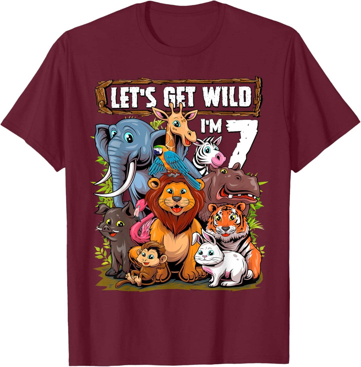 7 Year Old Zoo Birthday Safari Jungle Animals 7th Birthday T-Shirt - T-Shirt | Maroon