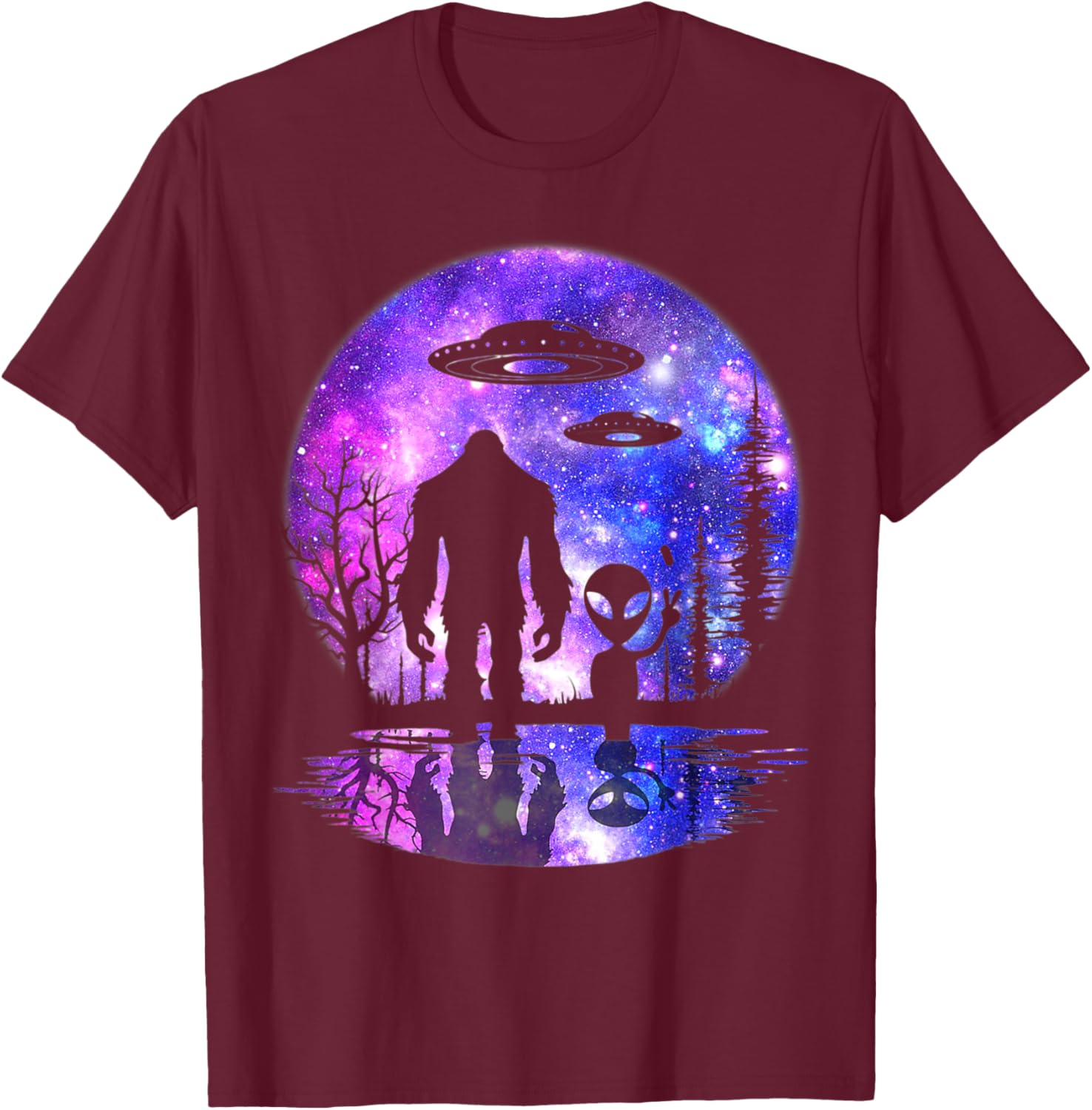 Alien And Bigfoot Full Moon Sasquatch UFO T-Shirt - T-Shirt | Maroon