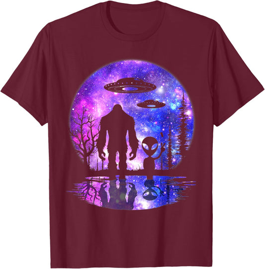 Alien And Bigfoot Full Moon Sasquatch UFO T-Shirt - T-Shirt | Maroon