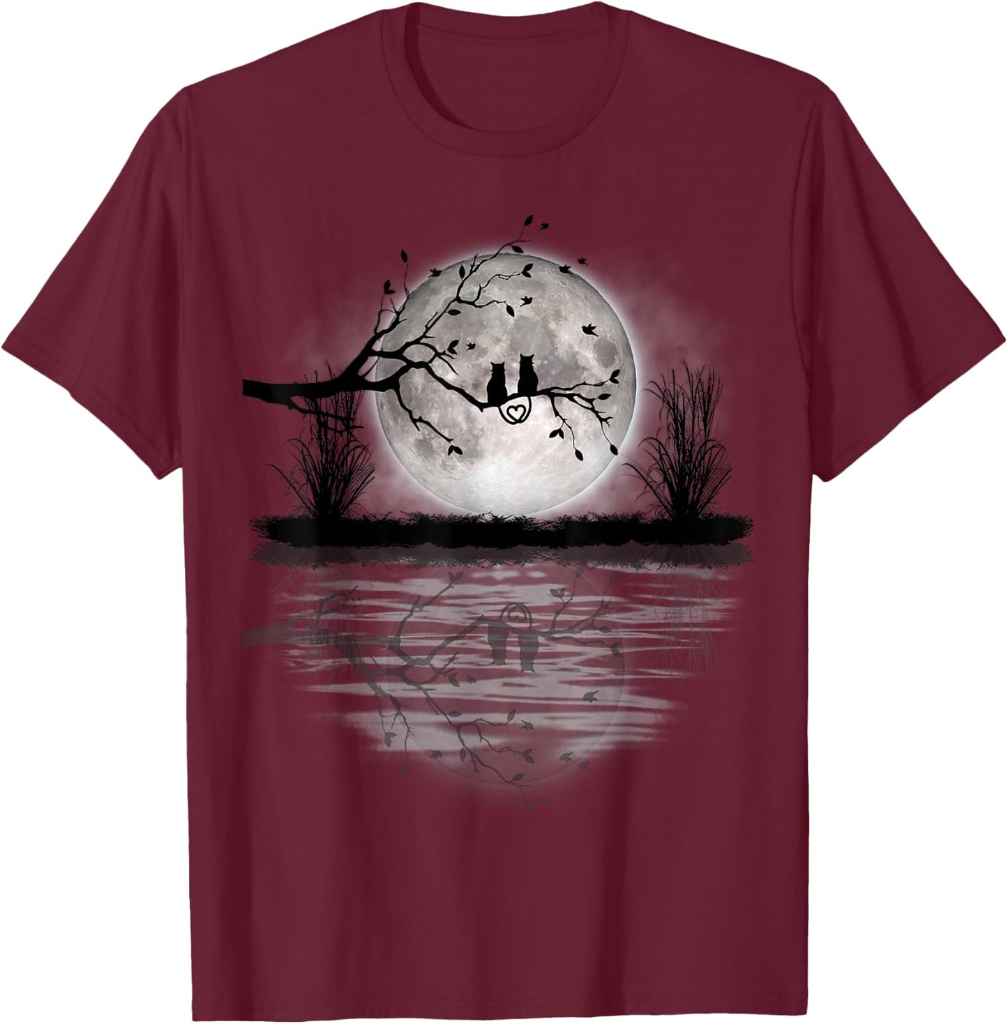 Scary Full Moon Love 2 Black Cats Halloween Fun T-Shirt - T-Shirt | Maroon