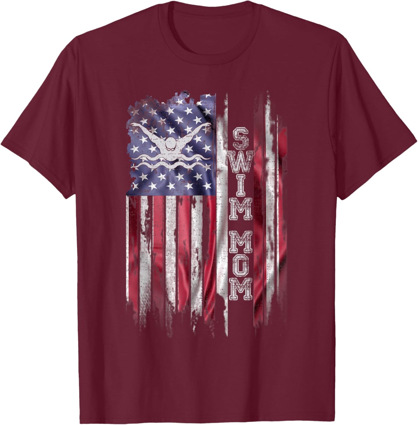 Vintage USA Flag Proud Swimming Mom Swim Swimmer Silhouette Women Kids Men T-Shirt - T-Shirt | Maroon