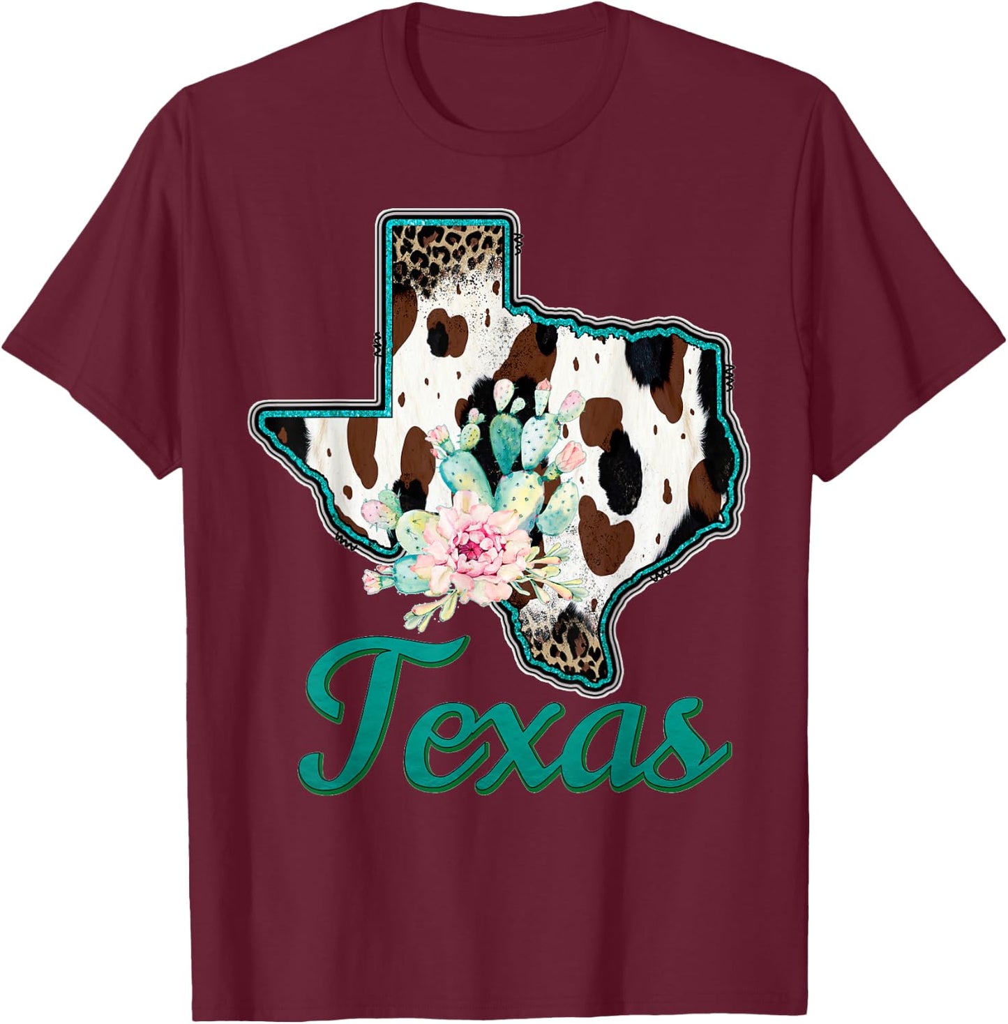 Animal Print Texas Lone Star State Cowboy Howdy Longhorn T-Shirt - T-Shirt | Maroon