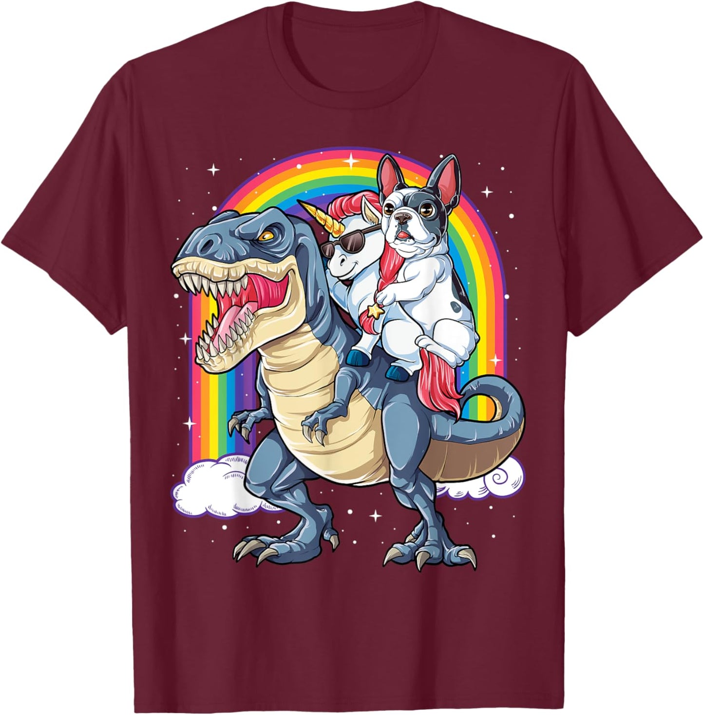 French Bulldog Unicorn Riding Dinosaur T rex Gifts Girls T-Shirt - T-Shirt | Maroon