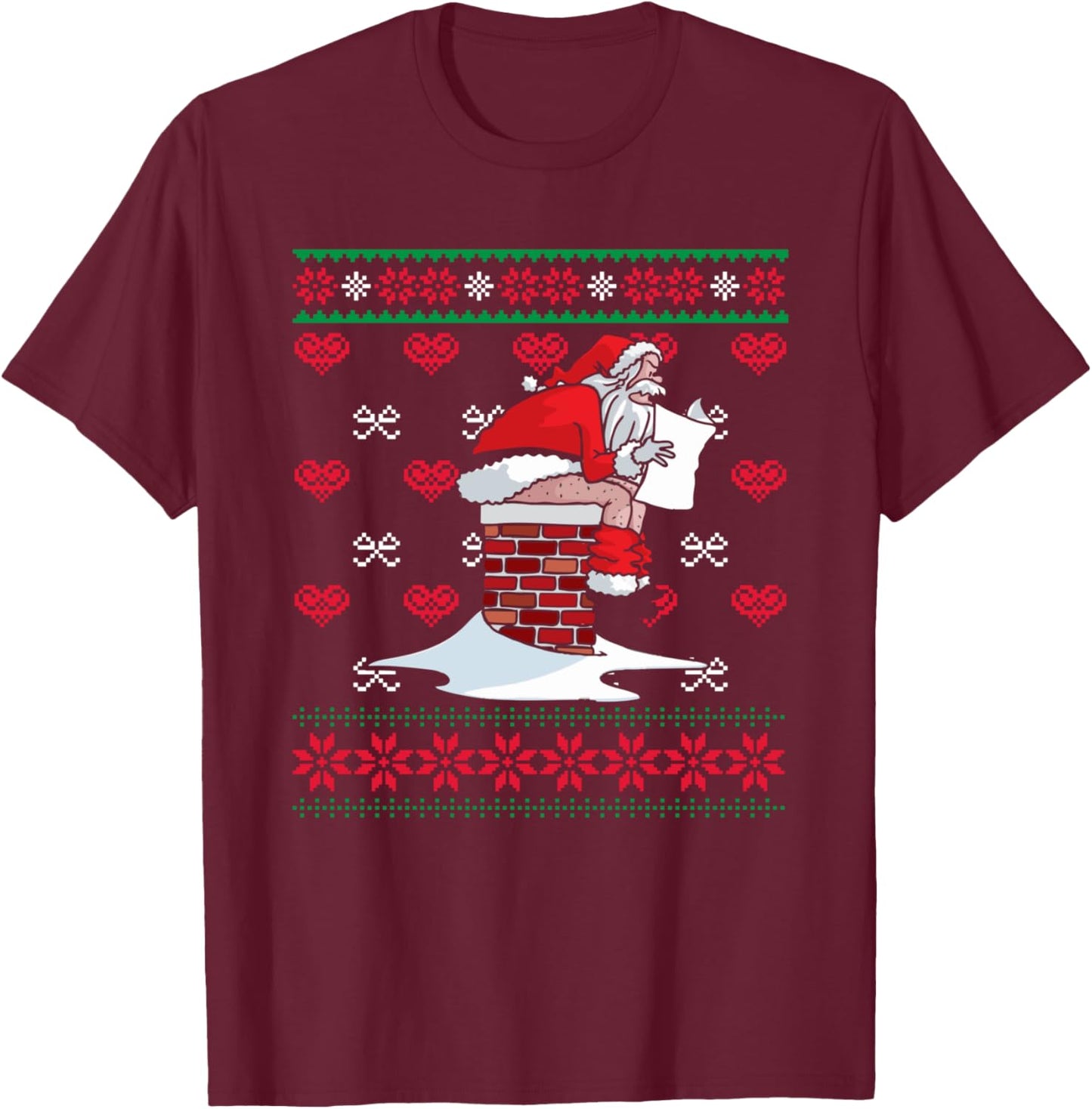 Santa Pooping Down Chimney Ugly Xmas Sweater Christmas T-Shirt - T-Shirt | Maroon