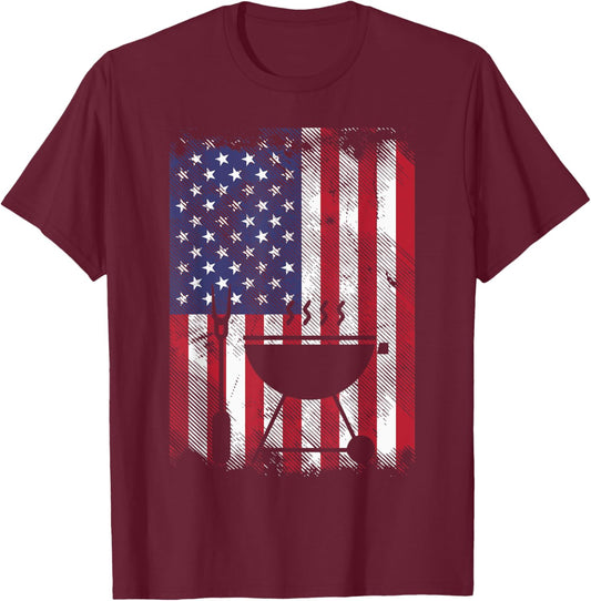 American Flag Bbq Grill Vintage Grilling Smoking Patriotic Men T-Shirt - T-Shirt | Maroon