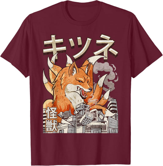 Kaiju Kitsune Nine Tailed Fox Japanese Monster T-Shirt - T-Shirt | Maroon