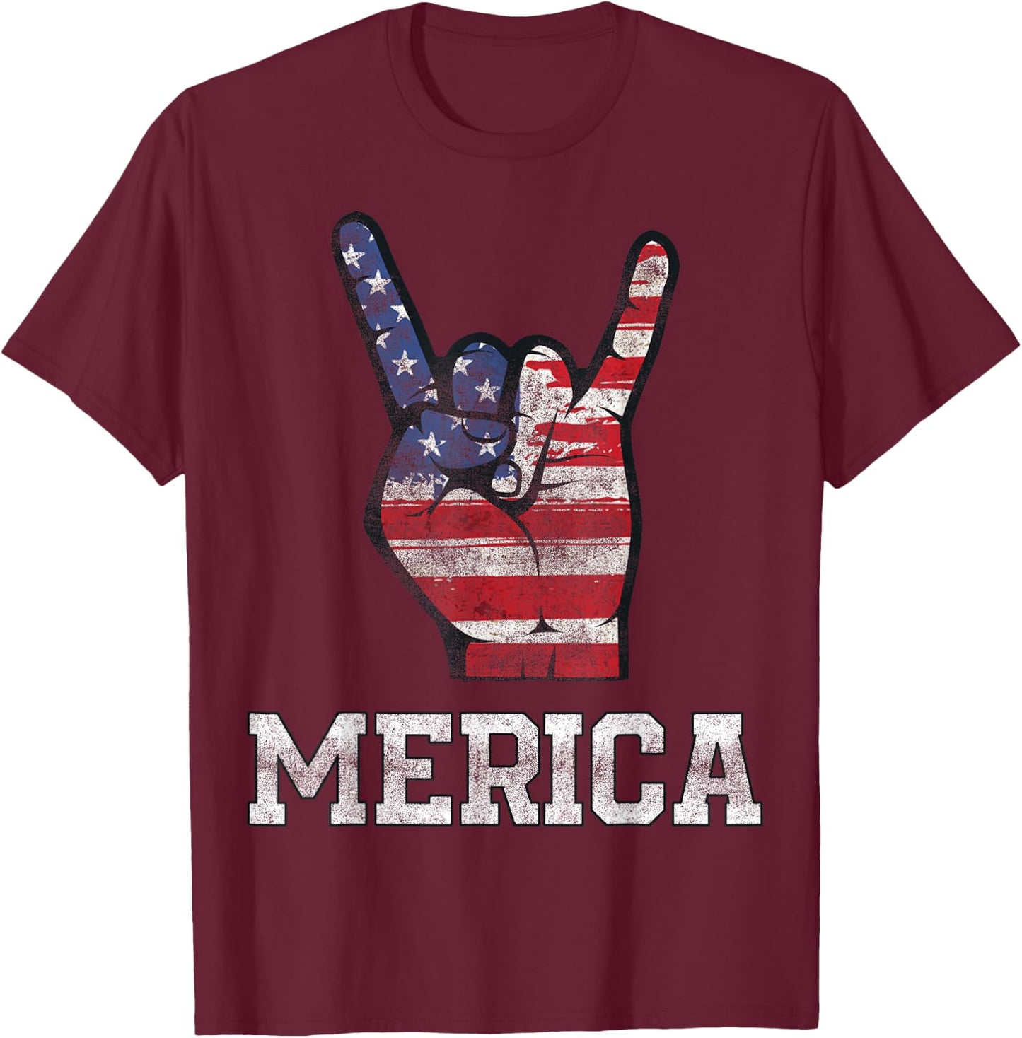 Merica Rock Sign 4th of July Vintage American Flag Retro USA T-Shirt - T-Shirt | Maroon