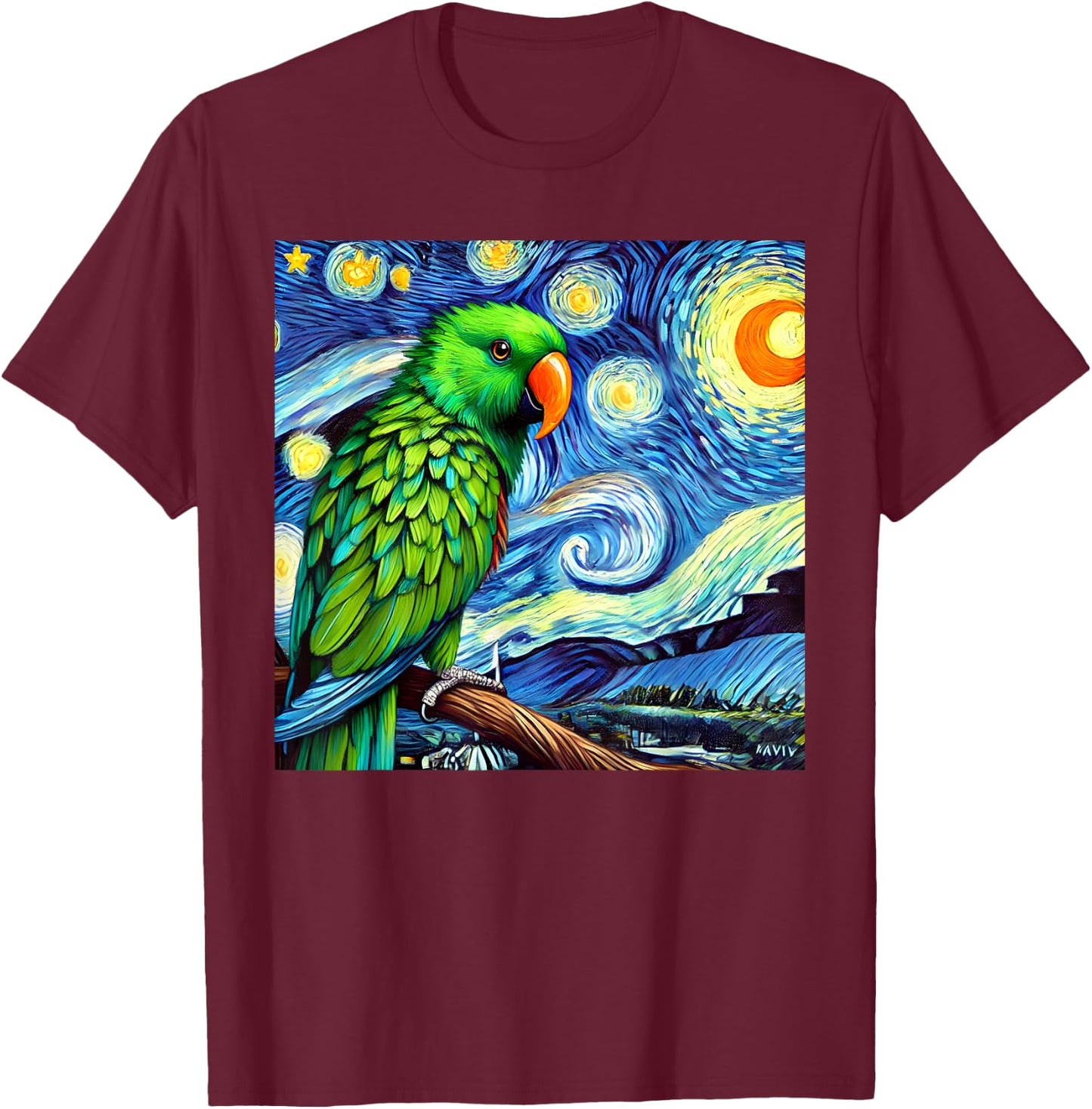 Green Eclectus Parrot Bird Starry Night Sky Art Van Gogh T-Shirt - T-Shirt | Maroon