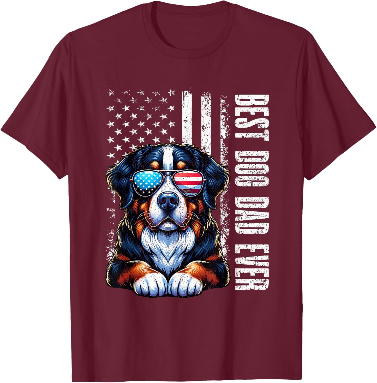 Best Dog Dad Ever Bernese Mountain American Flag Vintage T-Shirt - T-Shirt | Maroon