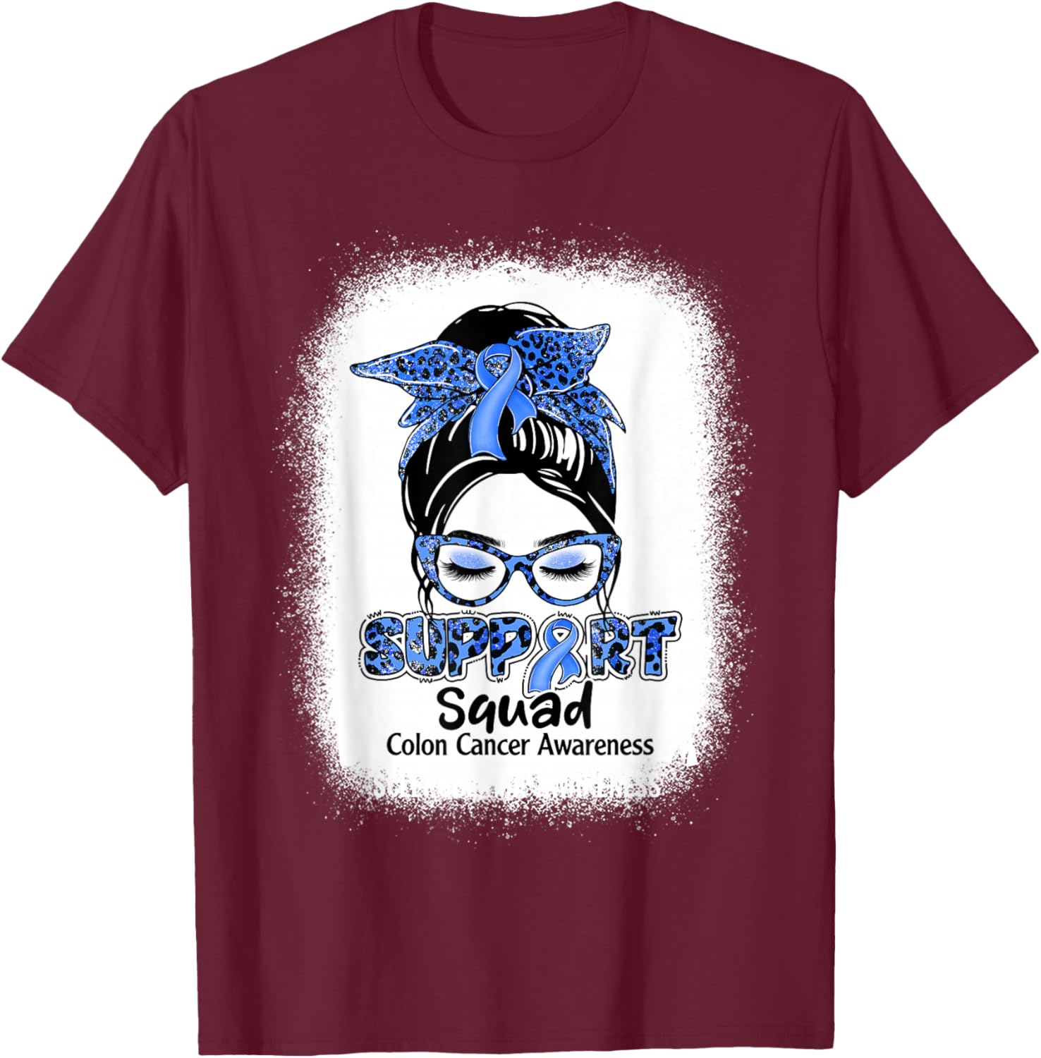 Support Squad Messy Bun Blue Ribbon Colon Cancer Awareness T-Shirt - T-Shirt | Maroon