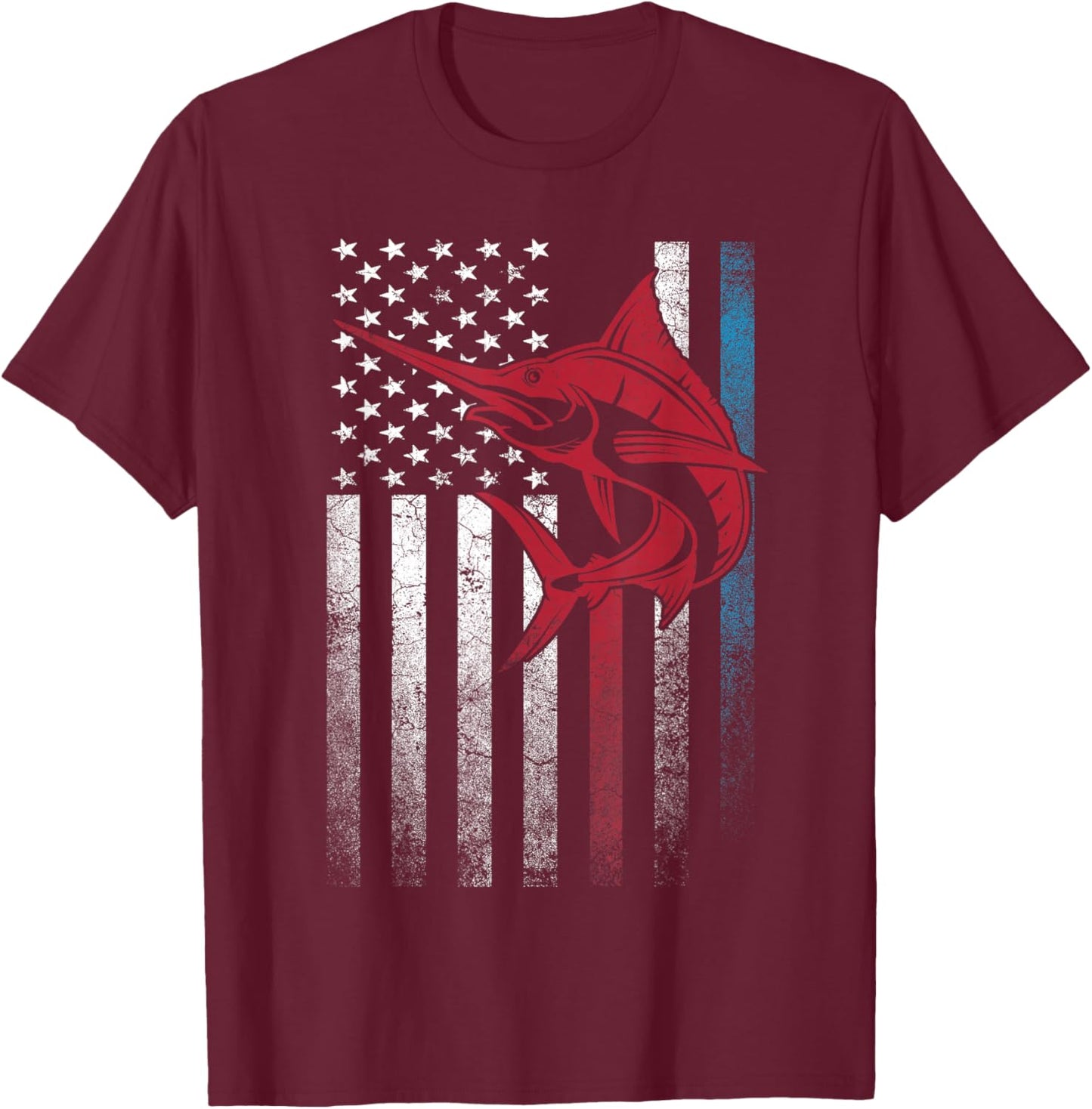 Marlin Fish Fishing 4th of July Shirt Gift American Flag T-Shirt - T-Shirt | Maroon