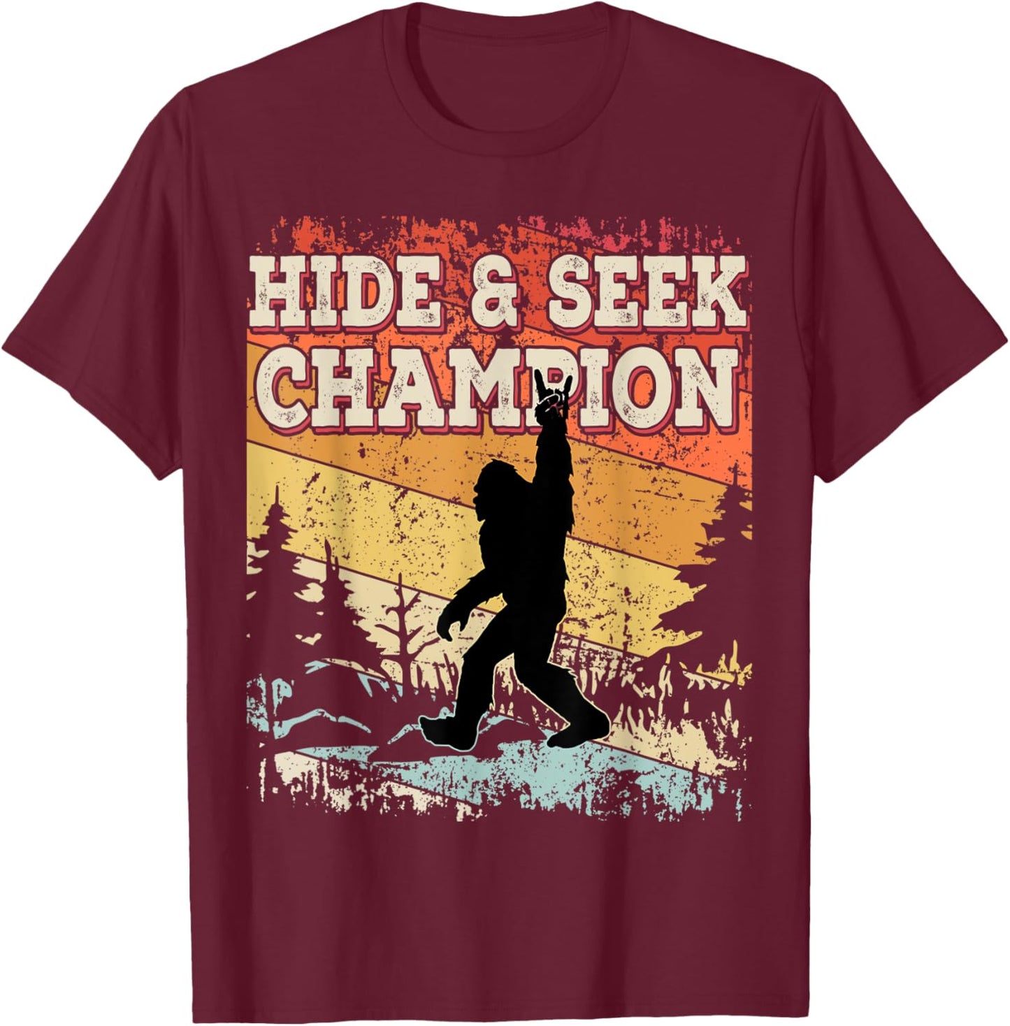 Retro Bigfoot Hide And Seek Champion Vintage Distressed T-Shirt - T-Shirt | Maroon