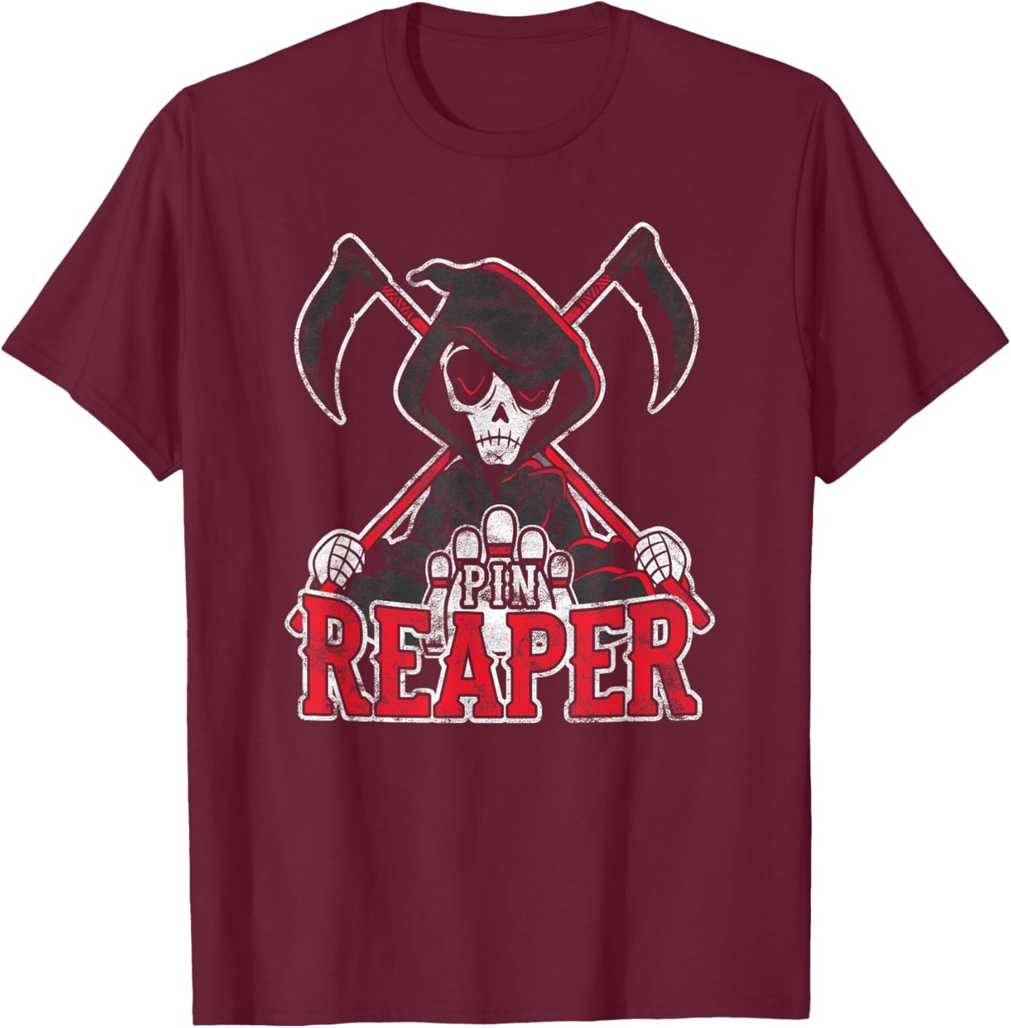 Grim Reaper Pin Reaper Bowling Halloween T-Shirt - T-Shirt | Maroon