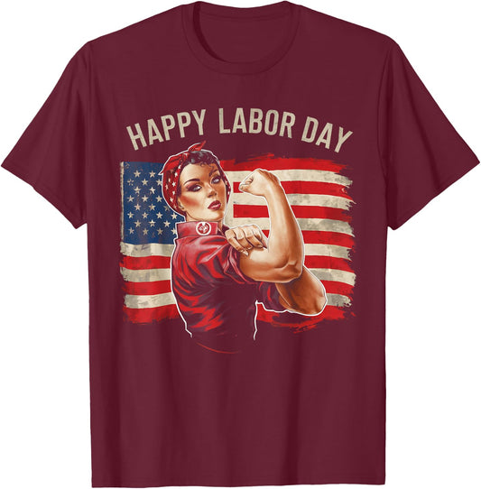 Happy Labor Day Labor Day Messy Bun USA Flag T-Shirt - T-Shirt | Maroon