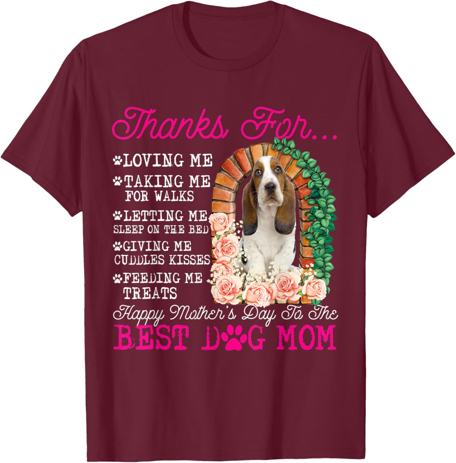 Funny Happy Mother's Day Best Dog Mom Cute Basset Hound Dog Men Women Kids T-Shirt - T-Shirt | Maroon