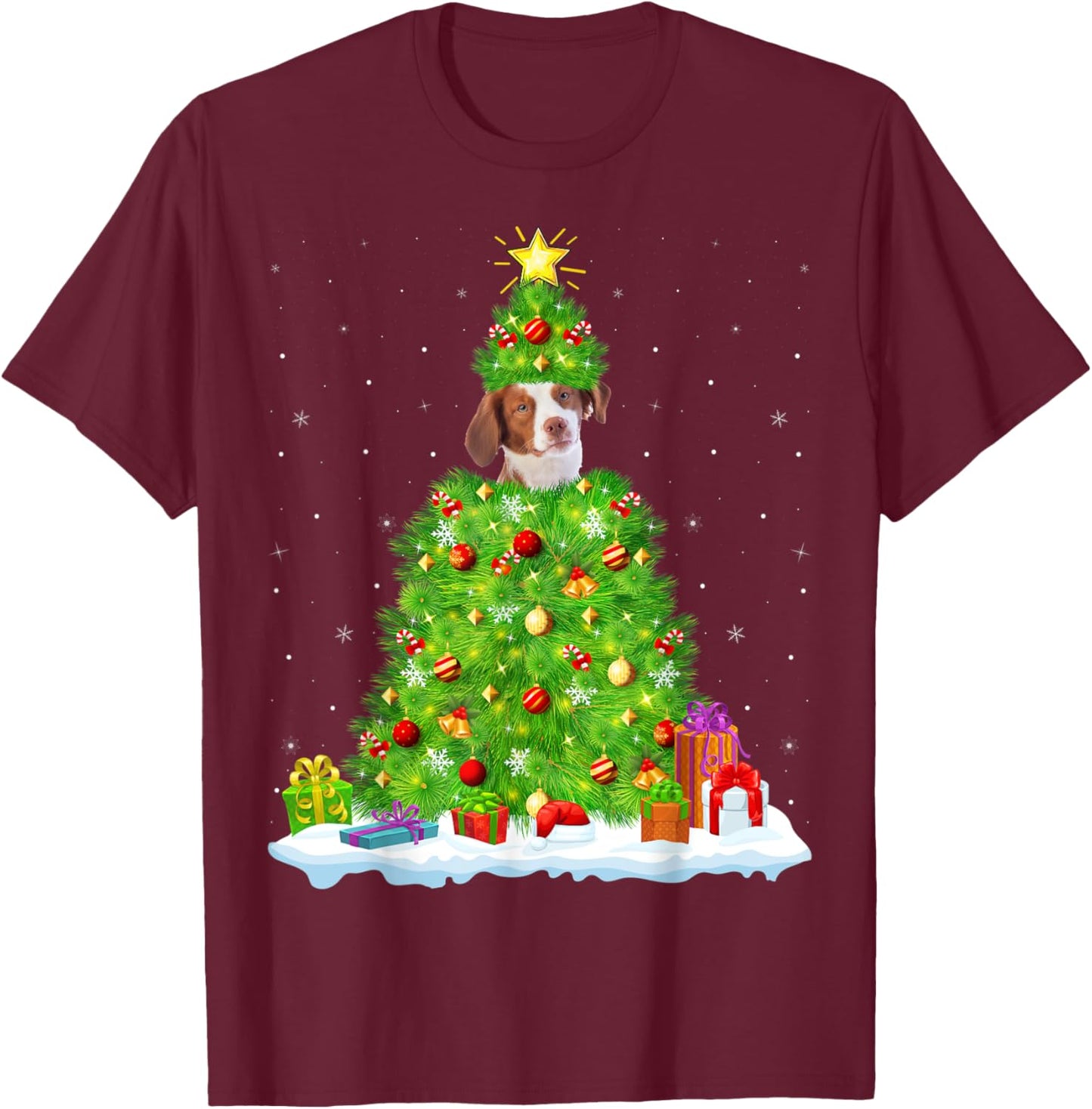 Xmas Lighting Matching Funny Brittany Spaniel Christmas Tree T-Shirt - T-Shirt | Maroon