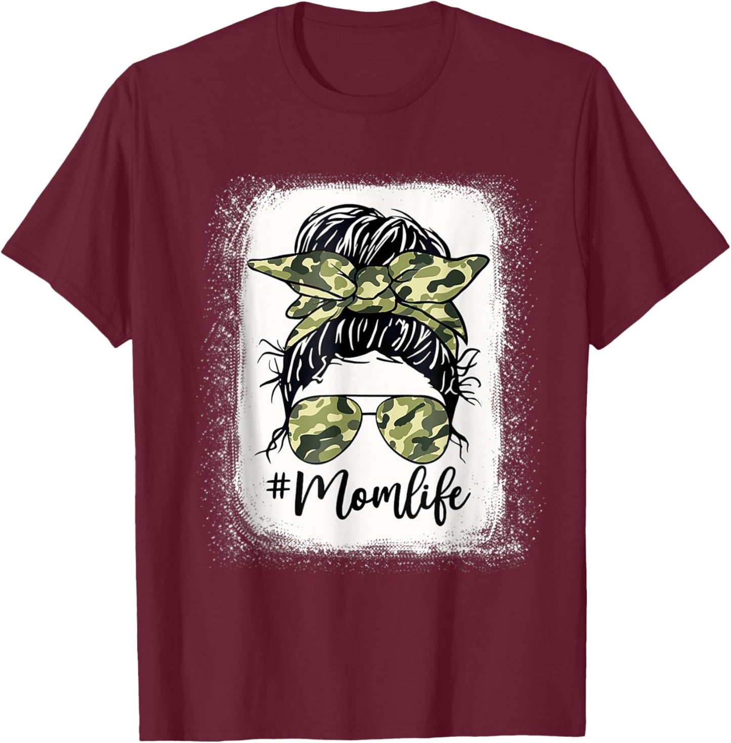 Camouflage Mom Life Messy Bun Bleached Mother's Day T-Shirt - T-Shirt | Maroon